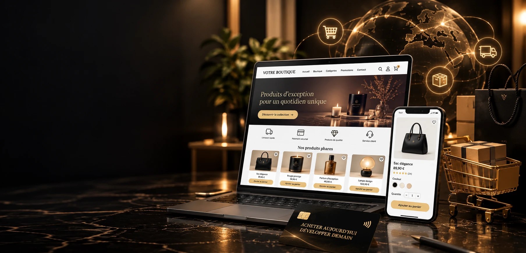 Boutique en ligne présentée sur ordinateur et téléphone